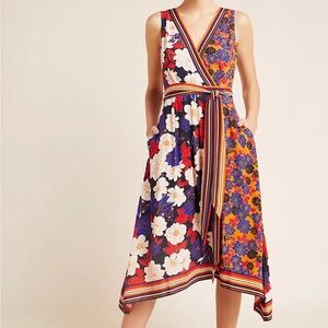 Anthropologie Maeve Cassandra Floral Midi Dress with Striped Waist Tie Pockets